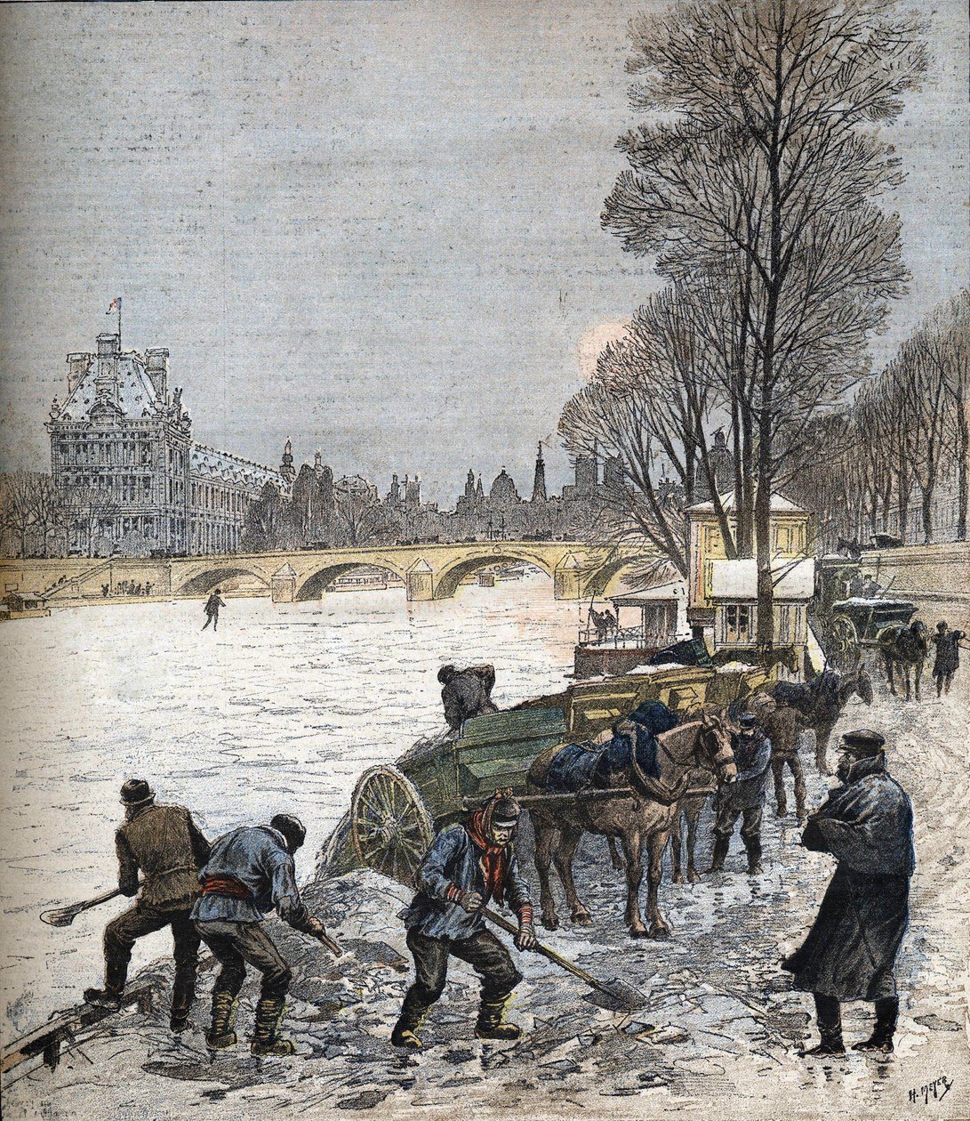 Paris sob a neve em 1895 Pequeno jornal de 1895 (gravura) de Henri Meyer