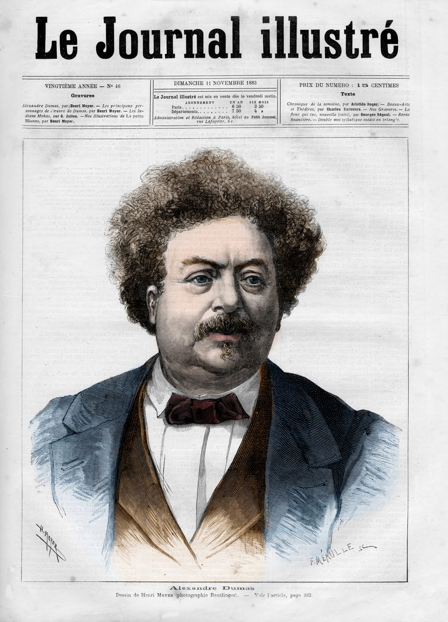 Retrato de Alexandre Dumas pere (1802-1870) Capa de "The Illustrous Journal" de 1883 - Desenho de Henri Meyer (1844-1899) de Henri Meyer
