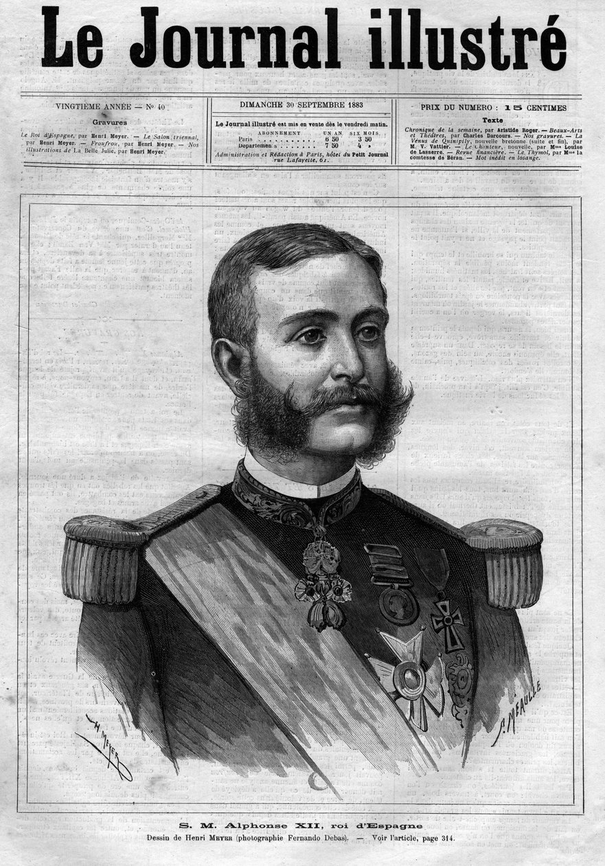 Retrato de Alfonso XII de Espanha (Alphonse XII) (1857-1885), Rei de Espanha - Capa de "O Diário Ilustrado" de 1883 - Desenho de Henri Meyer (1844-1899) de Henri Meyer