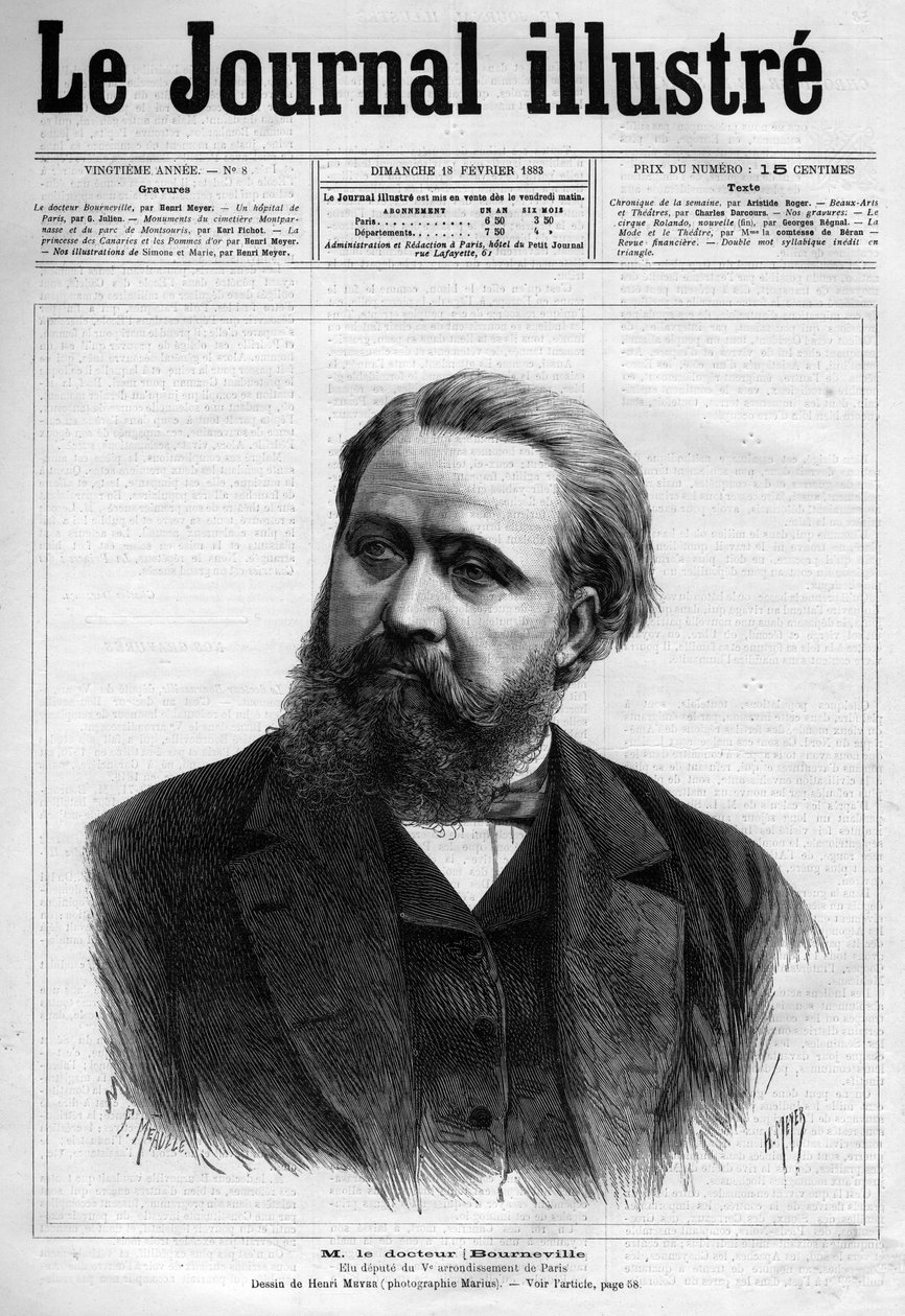 Retrato de Desire Magloire Bourneville (1840-1909), médico neurologista francês - Capa de "Le journal illustrious" de 1883 - Desenho de Henri Meyer (1844-1899) de Henri Meyer