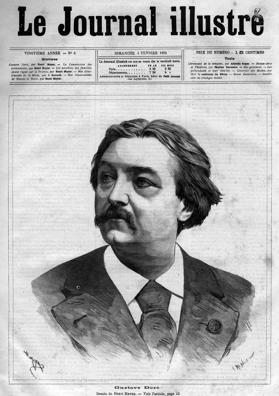 Retrato de Gustave Dore (1832-1883), pintor e cartunista francês - Capa do "The Illustrous Journal" de 1883 - Desenho de Henri Meyer (1844-1899) de Henri Meyer