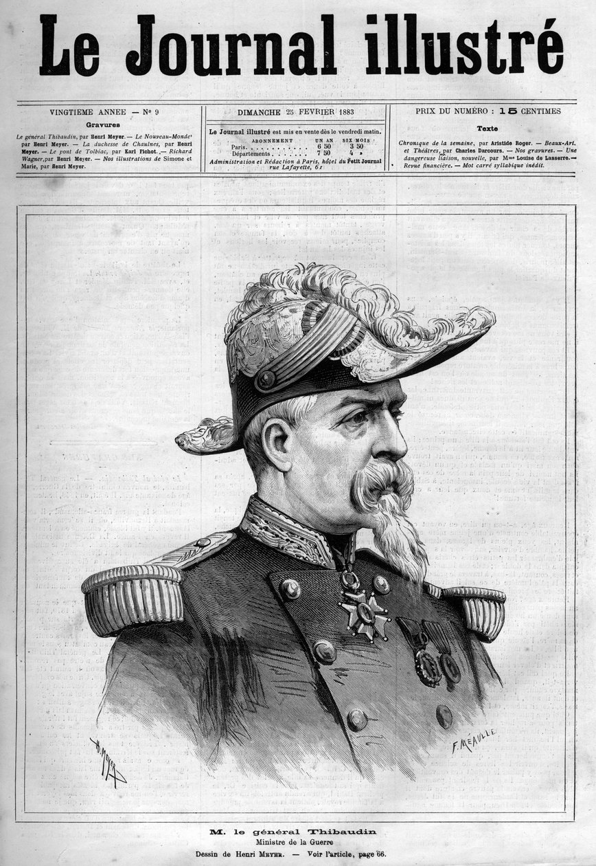Retrato de Jean Thibaudin, general francês e político (1822-1905) - Capa do "The Illustrous Journal" de 1883 - Desenho de Henri Meyer (1844-1899) de Henri Meyer