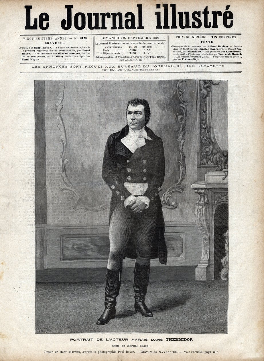 Retrato de Leon Marais (1853-1891) em "Thermidor" de Victorian Sardou no papel de Hugon Marcial - Desenho de Henri Meyer, Gravação de Navellier em "The Illustrous Diary" de 1891 de Henri Meyer