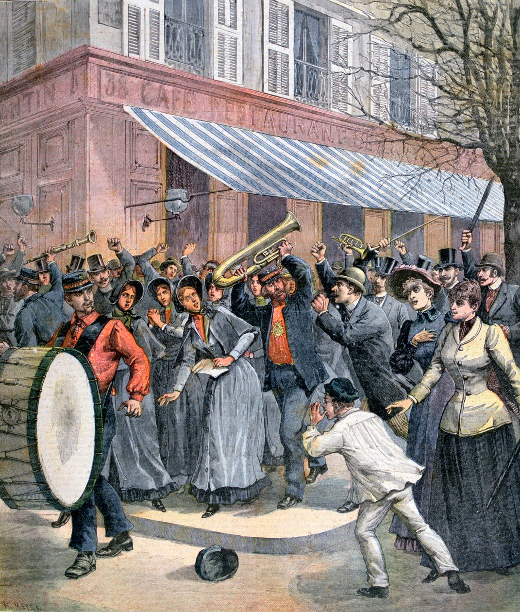 Marcha do Exército de Salvação liderada por um baterista sendo barracked por espectadores em Paris, 1892 de Henri Meyer