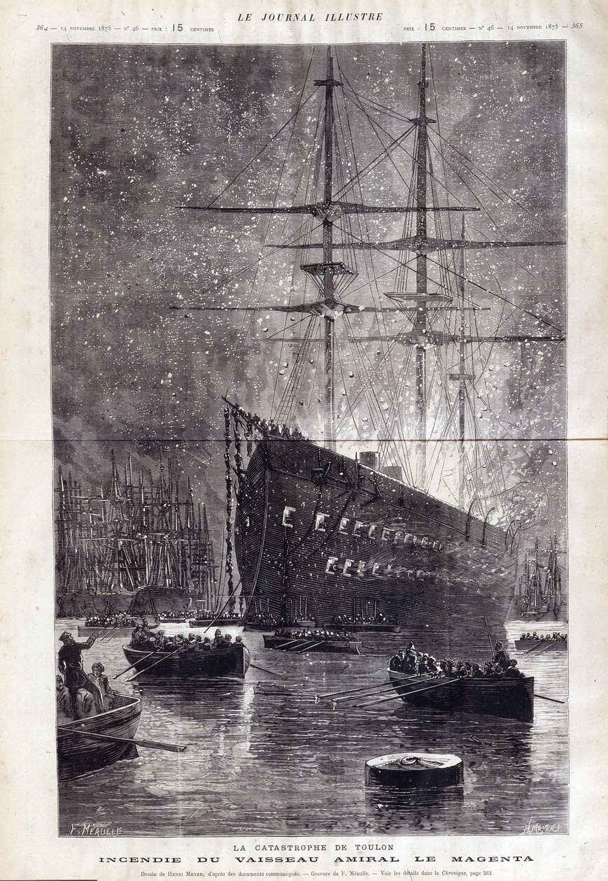 O desastre de Toulon: o incêndio do navio almirante "Le Magenta" - em "Le Journal Illustrousse" 1875 de Henri Meyer