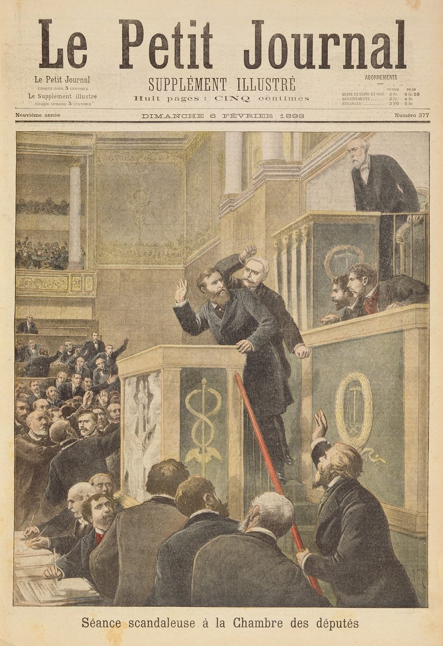 Página de rosto representando a escandalosa reunião da Câmara dos Deputados: Jean Jaures atacado por Bernis durante um debate sobre o Caso Dreyfus, ilustração do suplemento ilustrado de Le Petit Jou de Henri Meyer