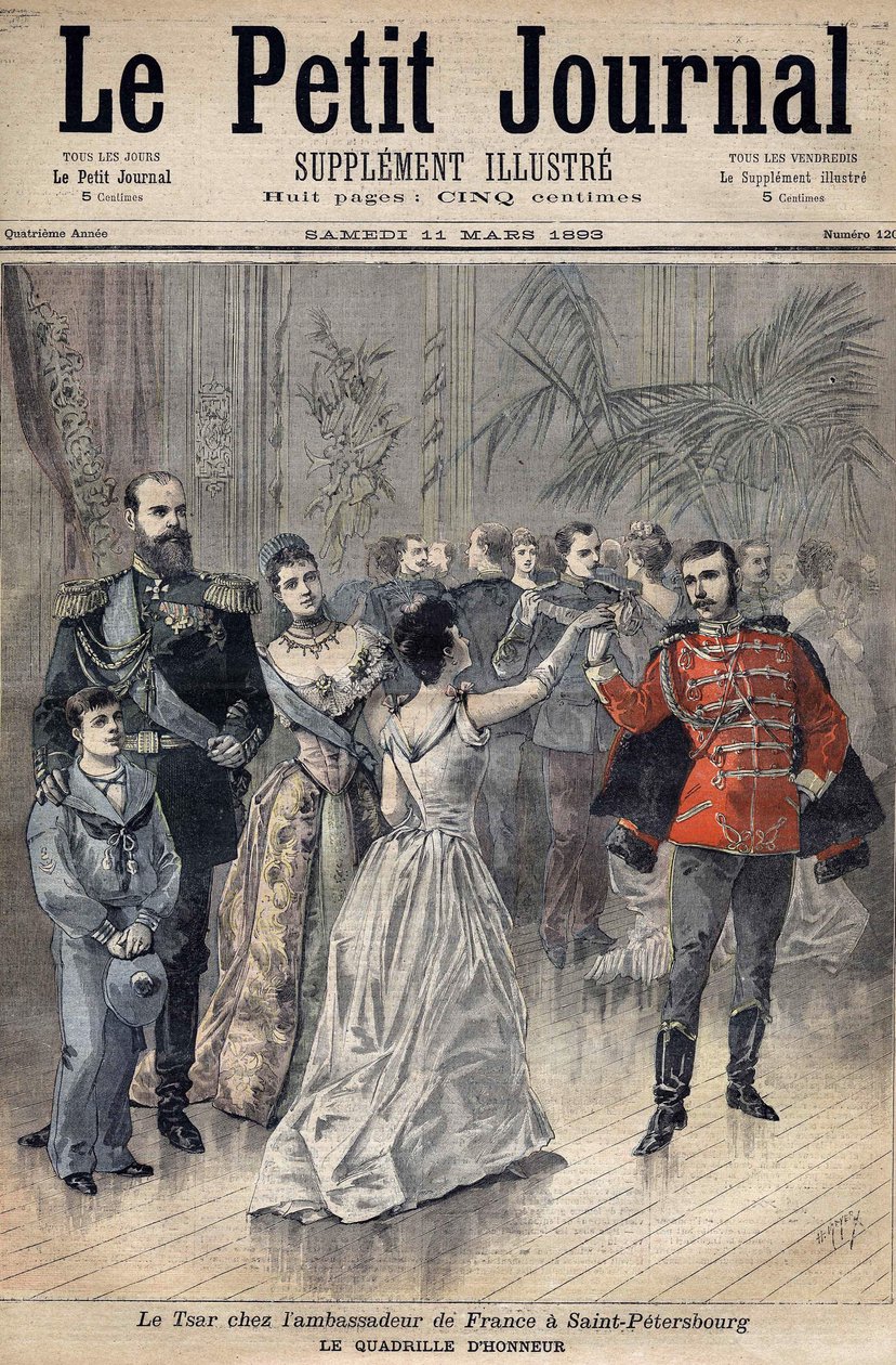 Czar Alexandre III no Embaixador da França O Conde de Montebello em São Petersburgo, em 1893. A grelha de honra. Capa do Le Petit Journal 1893 (gravura) de Henri Meyer