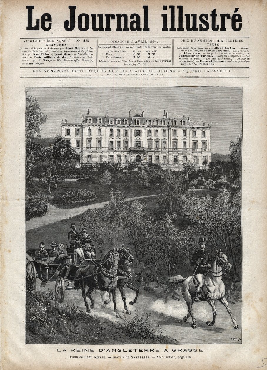 Victoria, a Rainha de Inglaterra, em França, em Abril de 1891: Uma Caminhada em Grasse - Rainha Victoria a Grasse em França em Abril de 1891 - Capa do "The Illustrous Journal" de 1891 - Desenho de Henri Meyer (1844-1899) de Henri Meyer
