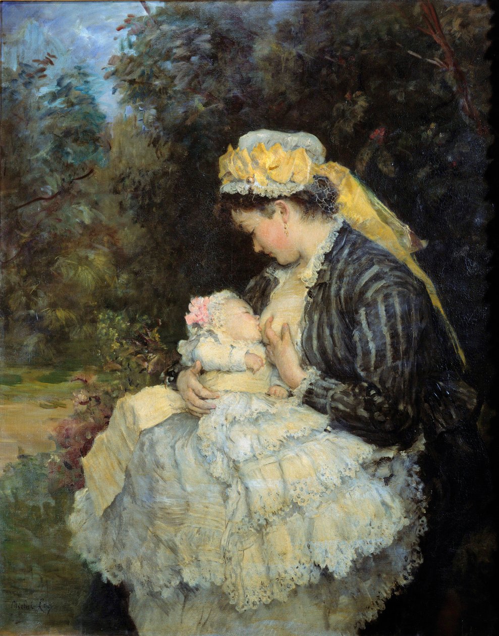 Enfermeira a amamentar um bebé Pintura de Henri Michel Levy (1844-1914). de Henri Michel Levy