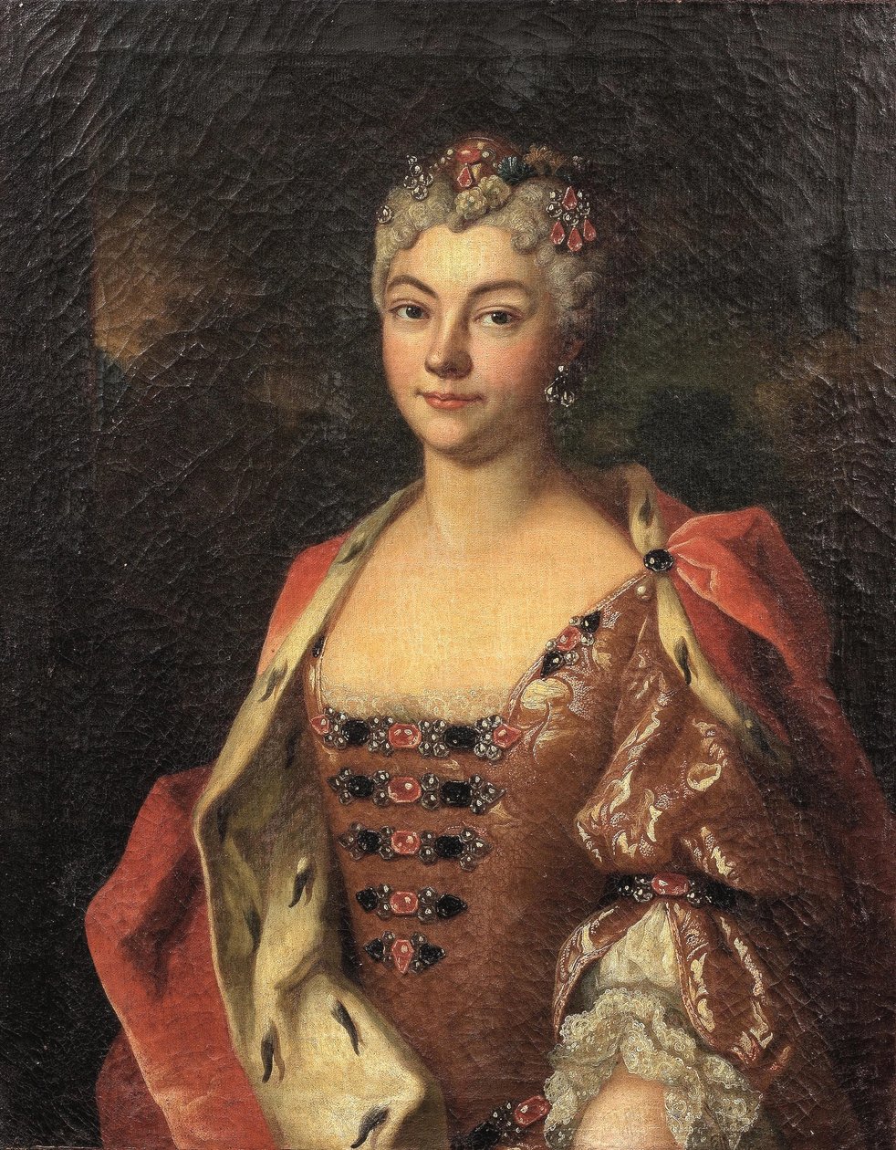 Retrato de uma mulher nobre, a meio comprimento, com um vestido cor-de-rosa e uma túnica com arminho de Henri Millot