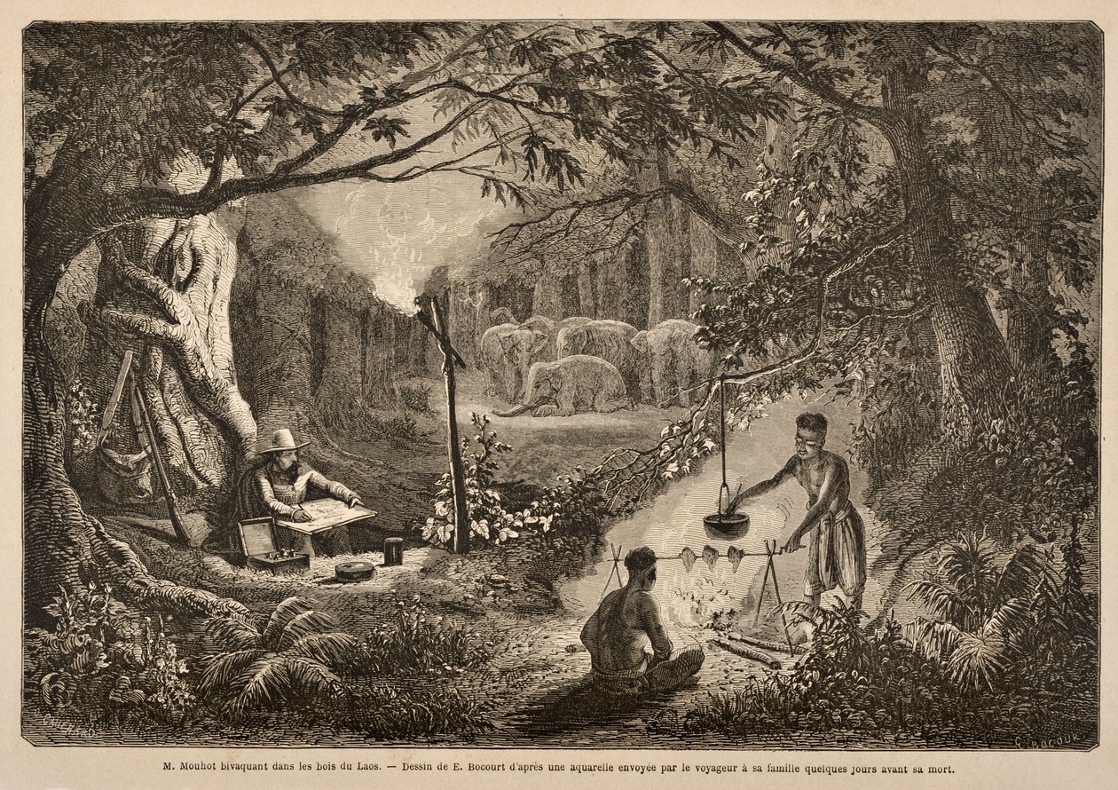 Henri Mouhot Camping nas selvas do Laos, ilustração de &39;Viagens nas partes centrais da Indochina (Siam), Camboja e Laos durante os anos 1858, 1859 e 1860&39; por M. Henri Mouhot, publicar de Henri Mouhot