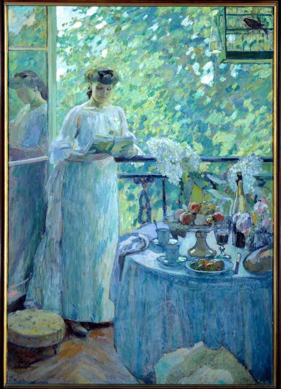 Madame O. na varanda Uma jovem lê um livro em um interior burguês, a mesa é servida no café da manhã. Pintura de Henry Ottmann de Henri Ottmann