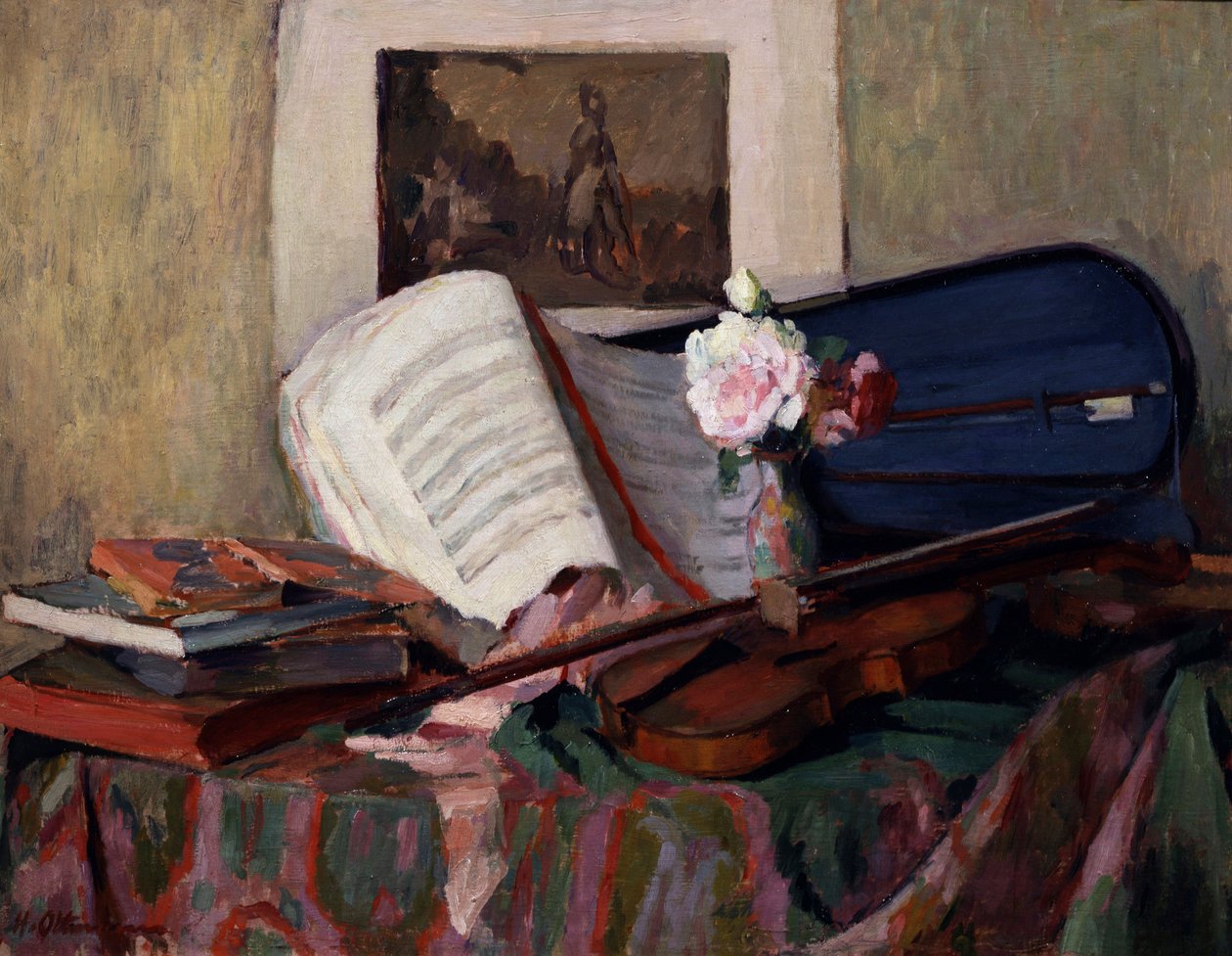 Natureza morta com um violino. Pintura de Henri Ottmann (1877-1927) Coleção particular. de Henri Ottmann