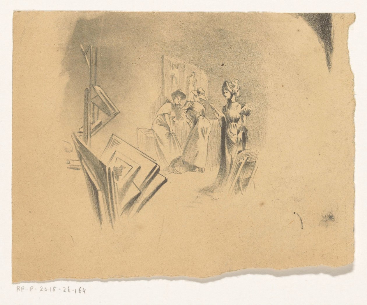 Três mulheres olham para impressões em um estúdio de Henri Patrice Dillon (possibly)