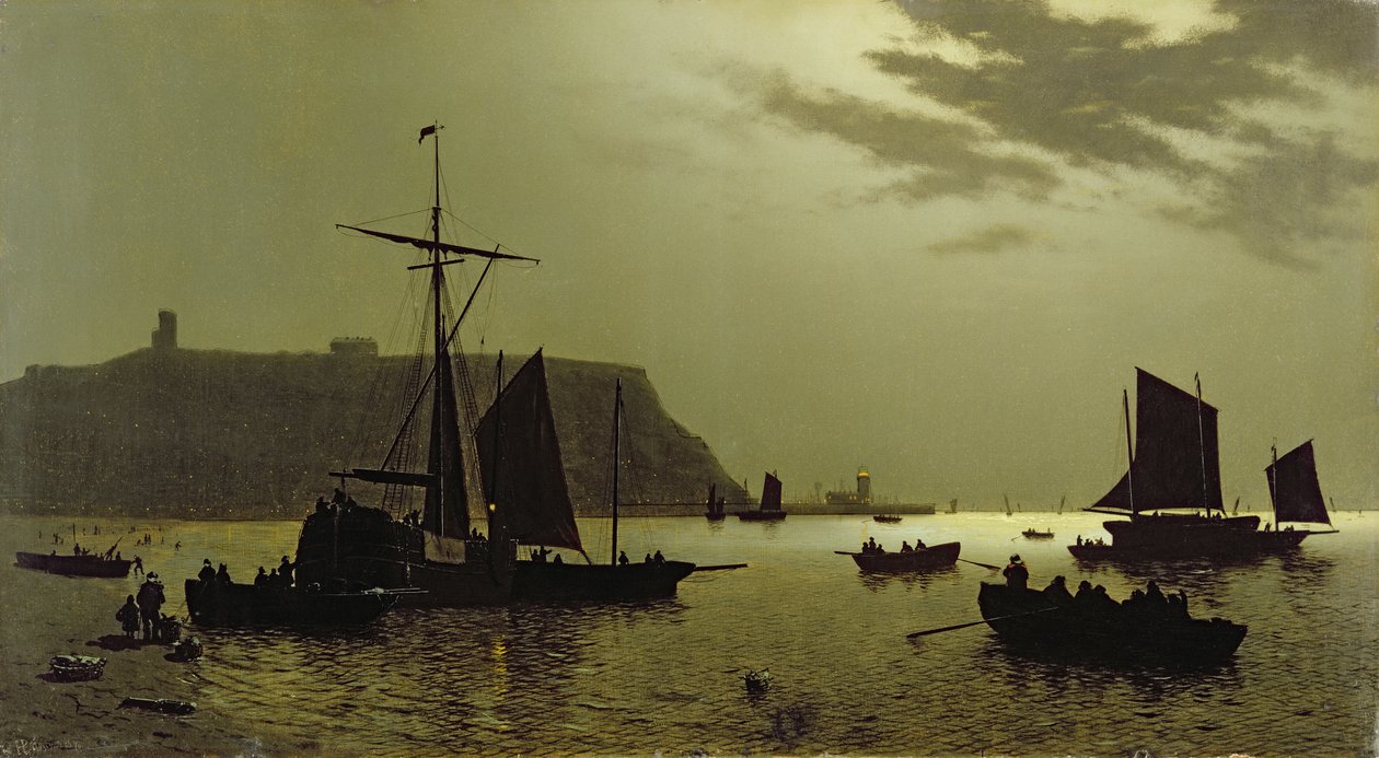 Scarborough Castle Hill e Porto ao luar, 1876 de Henri Philippe Neumans