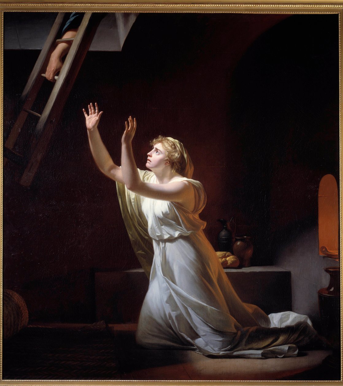 A tortura de uma vestal. Uma vestal, uma pré-estreia romana agarrada à casta, moveu-se viva numa cave pela sua ofensa. Pintura de Henri Pierre Danloux (1753-1809) 1790 Sol. 1,6x1,45 m - A tortura de uma virgem vestal. Uma virgem vestal, sacerdotisa romana, de Henri Pierre Danloux