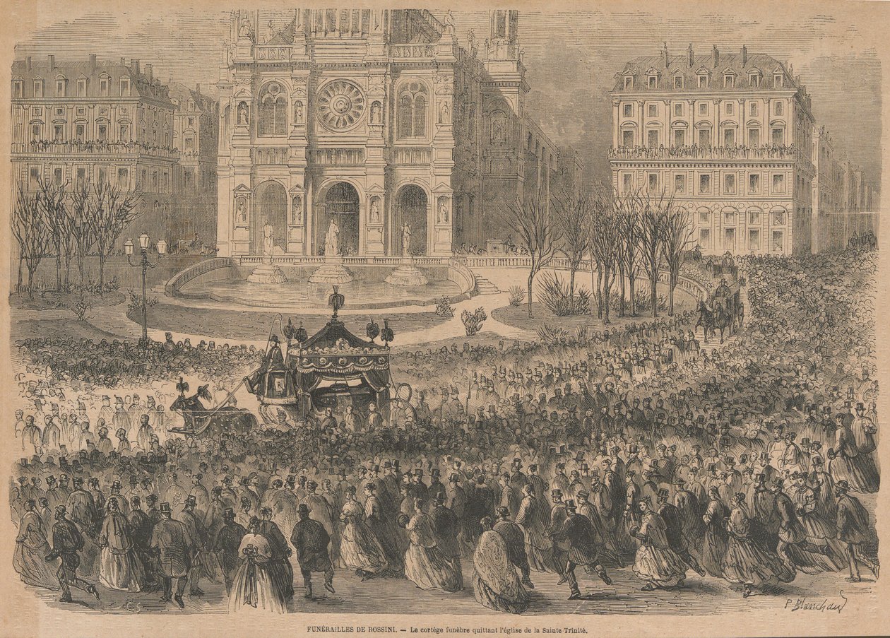 O funeral de Gioacchino Rossini. O cortejo fúnebre deixa a igreja, 1868. de Henri Pierre Léon Pharamond Blanchard