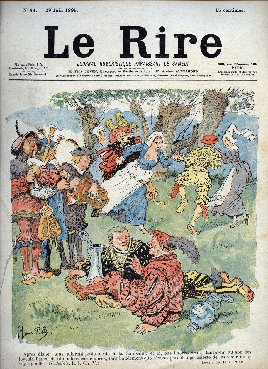 Entretenimento campestre - Desenho humorístico de Charles Henri Pille (1844-1897) ilustrando uma passagem de "Gargântua" de Rabelais. "The Laughs", 29 de junho de Henri Pille