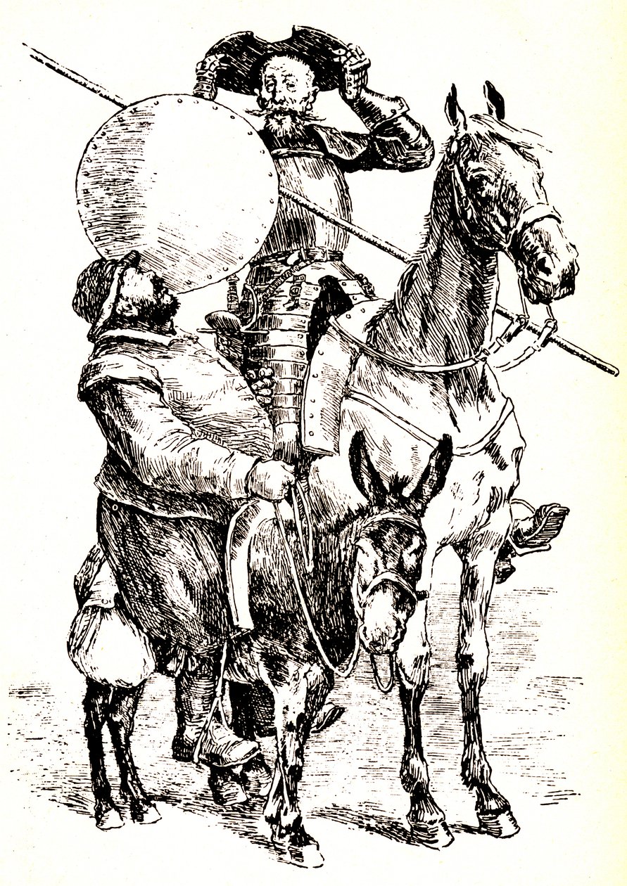 Dom Quixote no seu cavalo, ao lado de Sancho no seu burro de Henri Pille