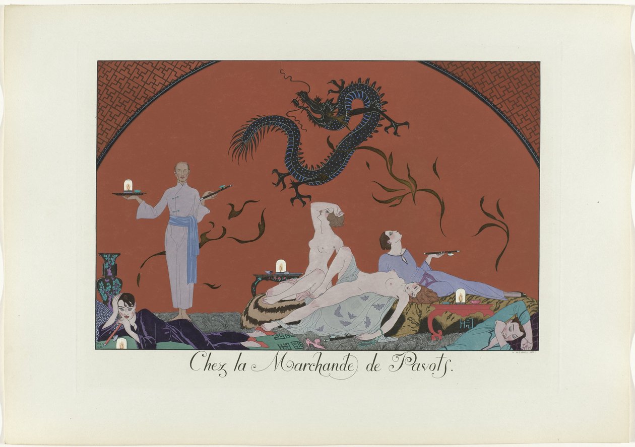 Le Bonheur du Jour ou Les Graces à la Mode: Chez la Marchande de Pavots. (título sobre o objecto)
Le Bonheur du Jour ou Les Graces à la Mode (título da série) de Henri Reidel