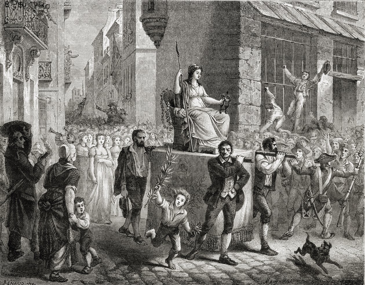 A Procissão da Deusa da Razão, 10 de novembro de 1793, de "Histoire de la Revolution Française", de Louis Blanc (1811-82), gravada por Meyer-Heine, 1847-1862 de Henri Renaud