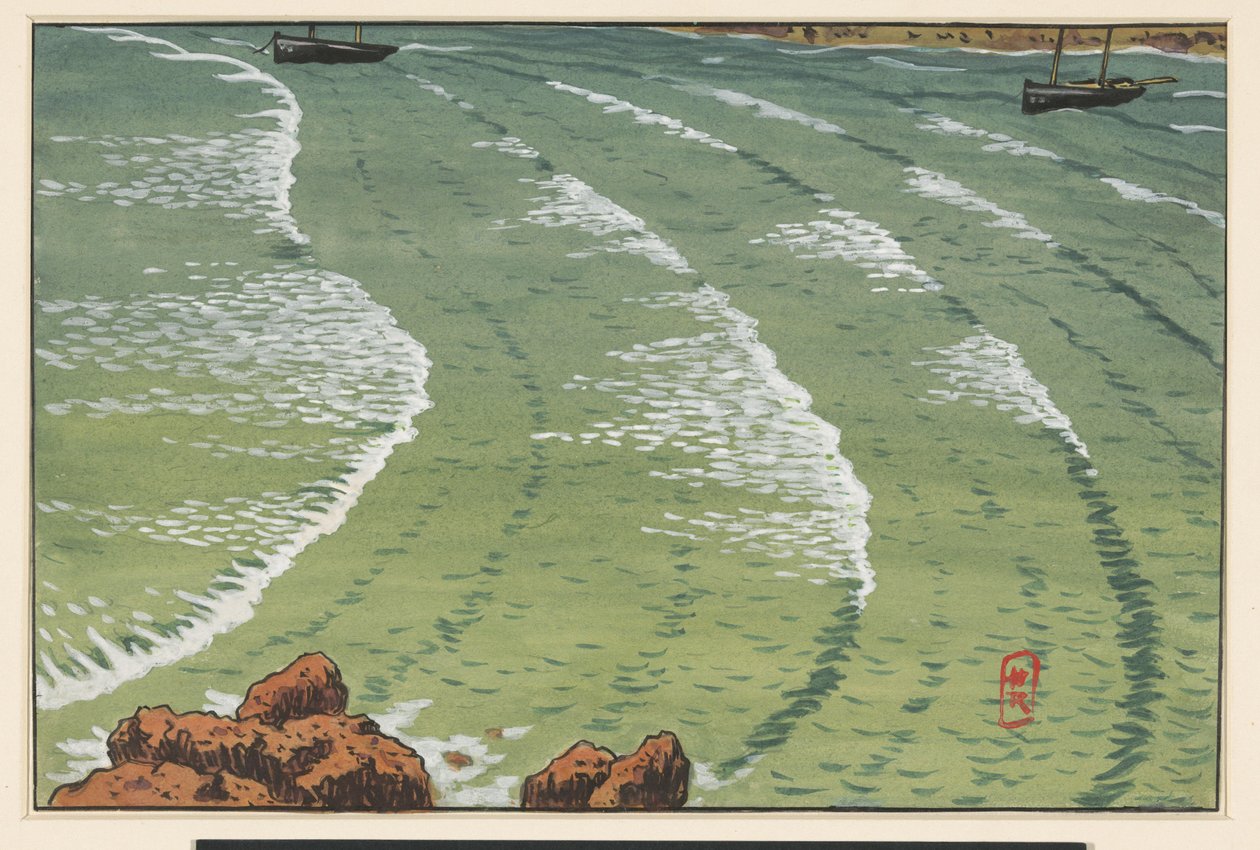 Mar numa baía, com navios ao largo da costa rochosa de Henri Rivière