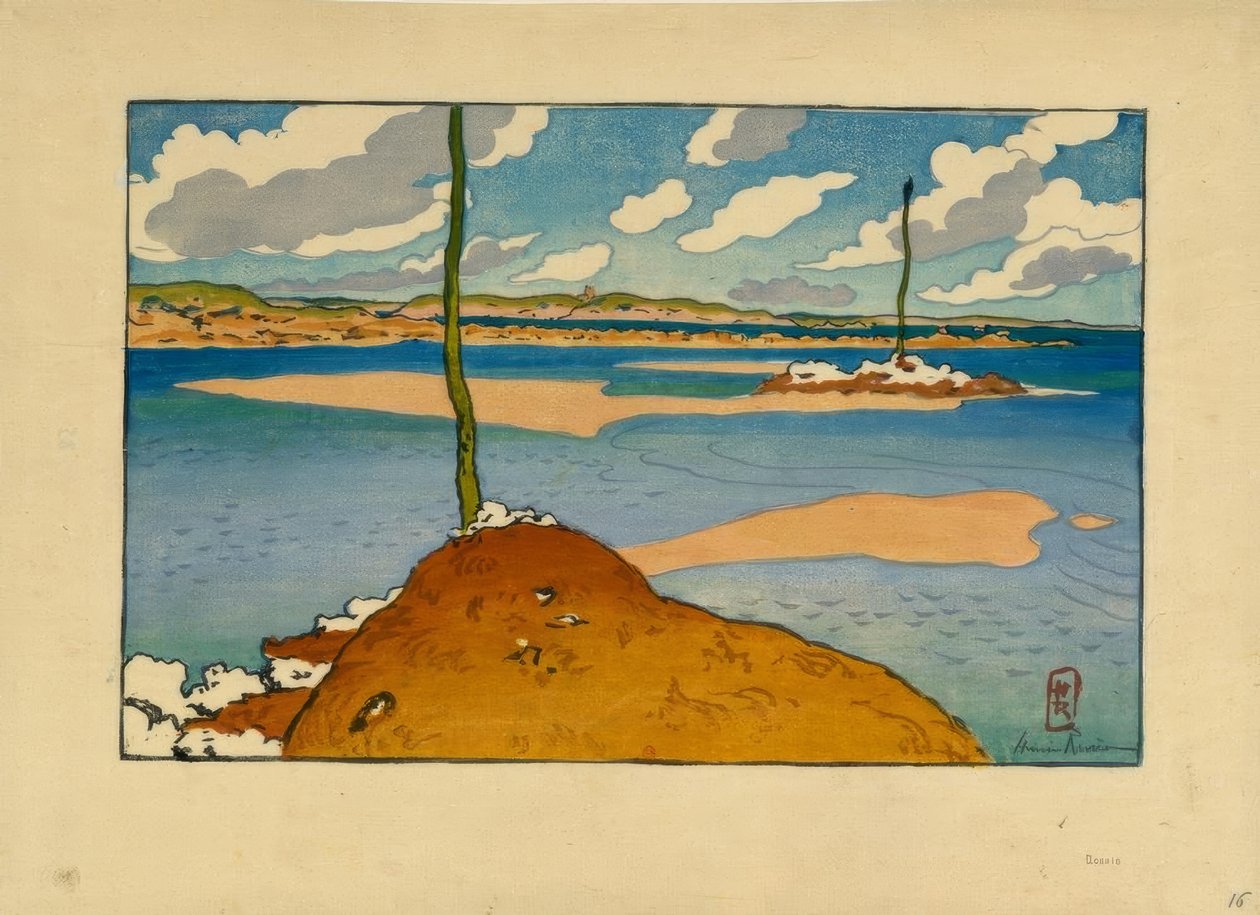 O farol Chéruette na maré baixa (Saint-Briac) de Henri Rivière