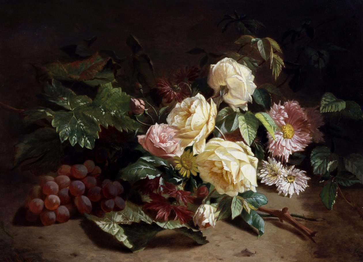 Natureza-morta de flores e uvas de verão. Pintura de Henri Robbe (1807-1899) Coleção particular. de Henri Robbe