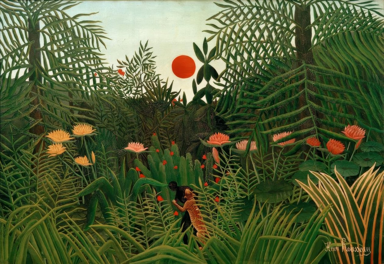 Floresta virgem ao pôr-do-sol. Negro atacado por um leopardo de Henri Rousseau