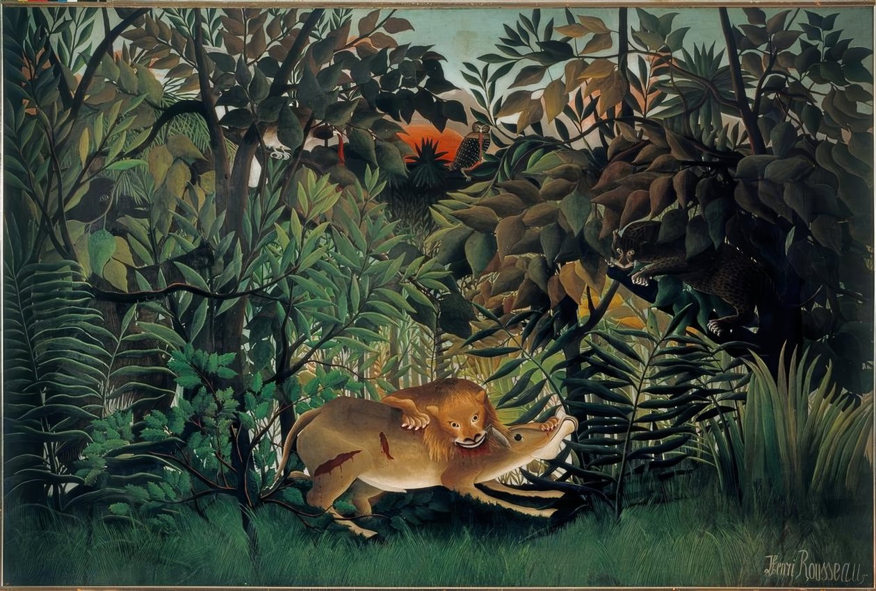 O leão, faminto, se joga no antílope de Henri Rousseau