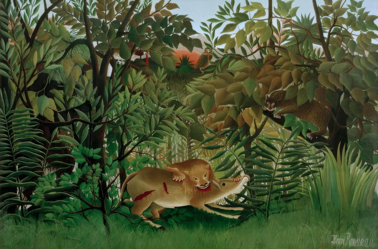 O leão, faminto, se joga no antílope de Henri Rousseau