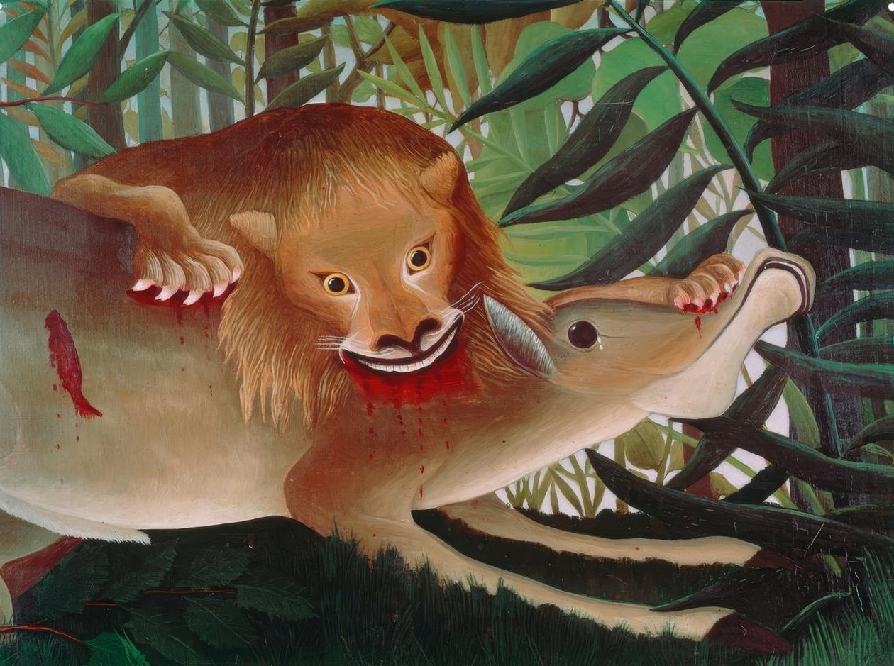 O leão, faminto, se joga no antílope de Henri Rousseau