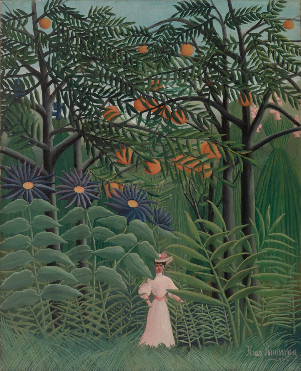 Mulher a caminhar numa floresta exótica de Henri Rousseau