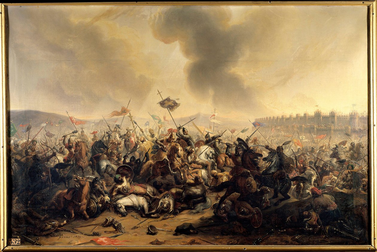 Batalha cometida pelo sultão Kilij-Arslan contra os cruzados que cercavam a cidade de Nicéia em 1097. Pintura de Henri Serrur
