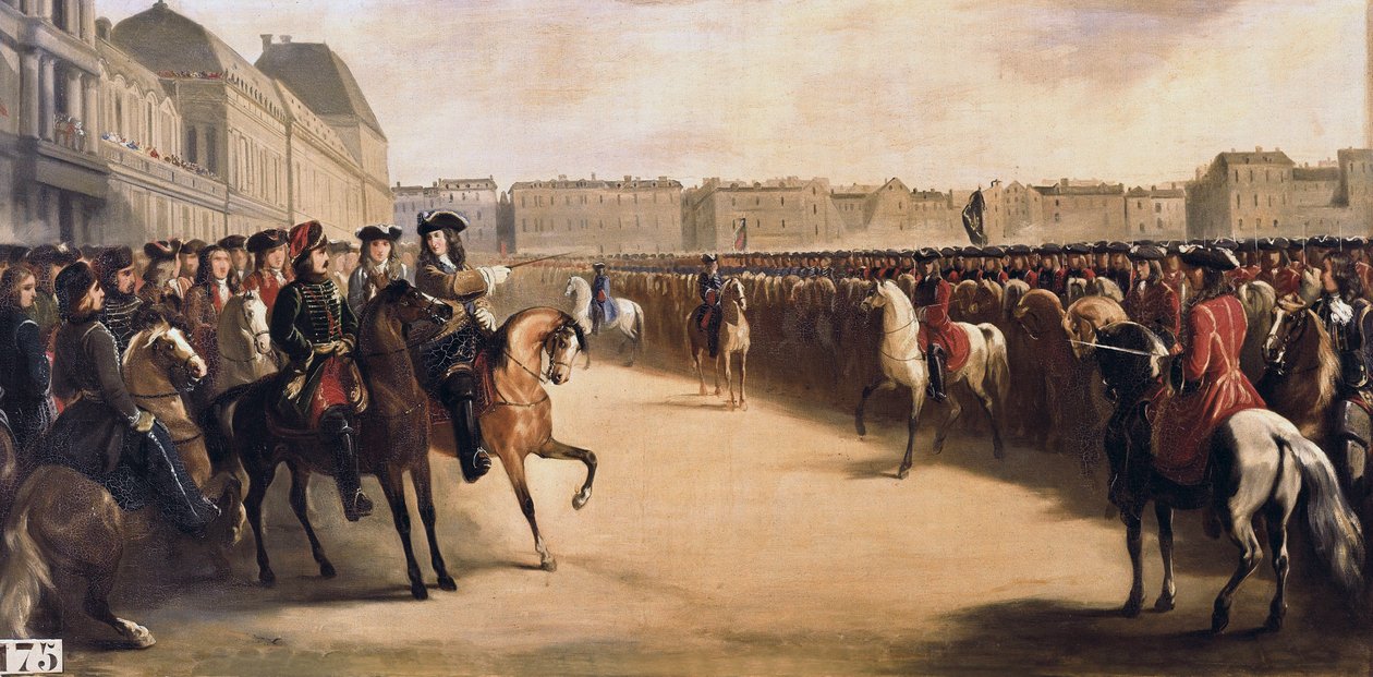 O Czar Pedro I, o Grande da Rússia (1672-1725) acompanhado pelo Regente Filipe II Duque de Orleans (1674-1723) durante a sua visita à França faz um balanço das tropas montadas nas Tuileries (Paris) em 16/06/1717 de Henri Serrur