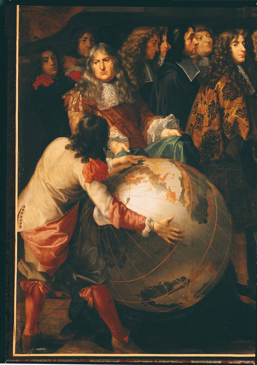 Jean-Baptiste Colbert (1619-83) Apresentando os membros da Academia Real da Ciência para Louis XIV (1638-1715) detalhe do lado esquerdo, c.1667 (detalhe de 104626) de Henri Testelin