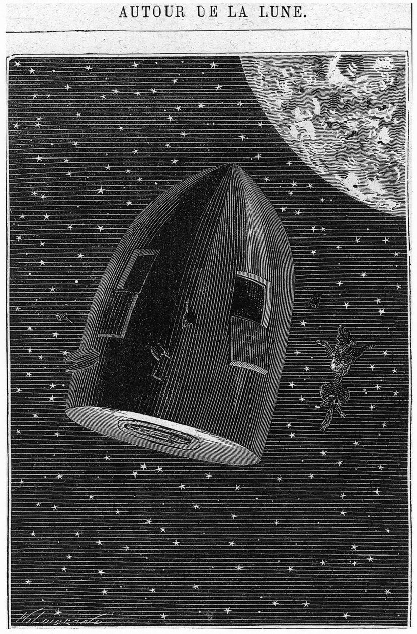 Deixando para a Lua, ilustração de &39;Around the Moon&39; por Jules Verne (1828-1905) Paris, Hetzel de Henri Theophile Hildibrand