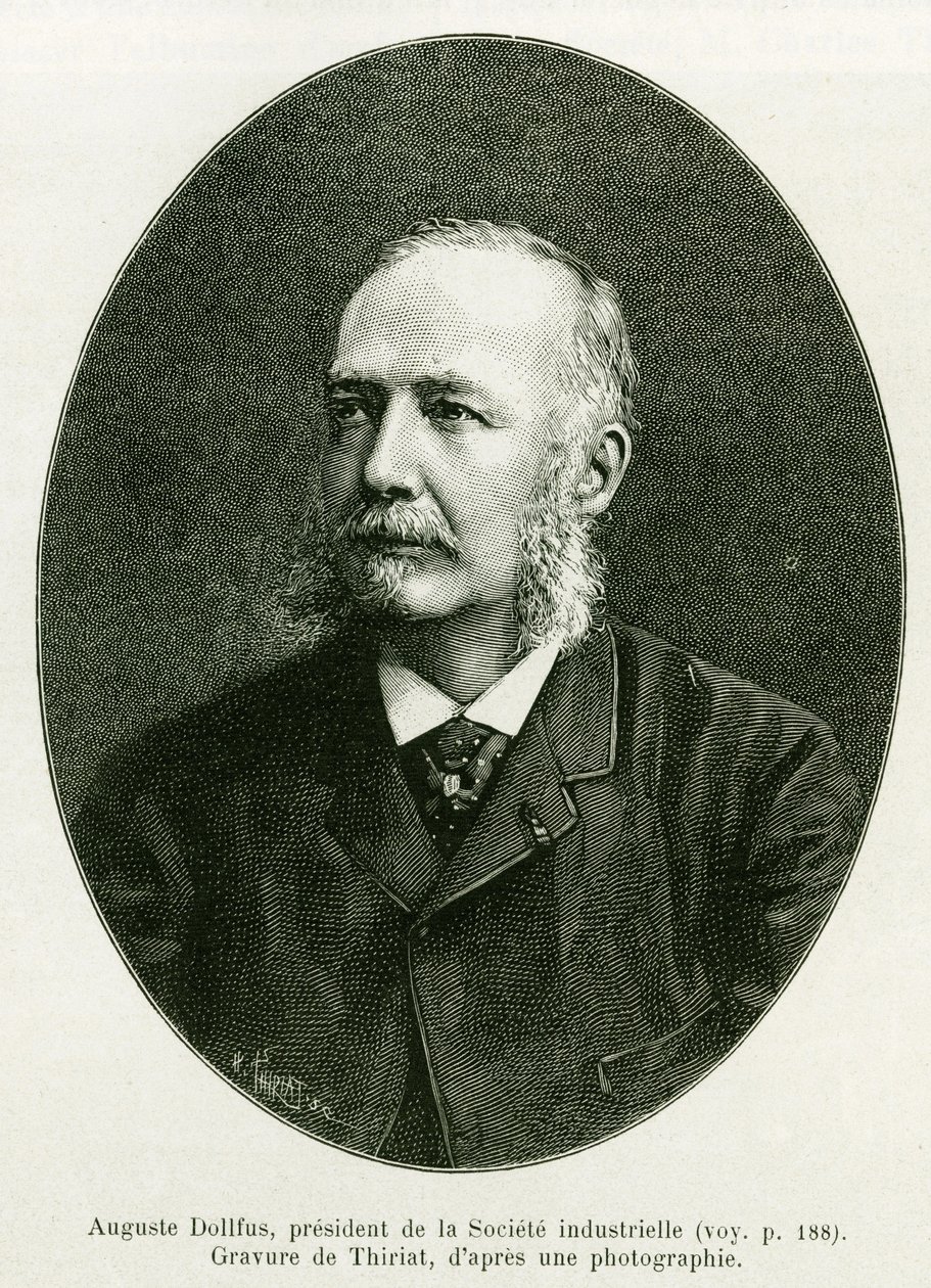 Auguste Dollfus, Presidente da Companhia Industrial Dollfus Mieg. Gravura de Thiriat para ilustrar a história A Through Alsace and Lorraine, de Charles Grad, deputado alemão, em 1885, no tour du monde 1886, sob a direção de Edouard Charton (1807 de Henri Thiriat