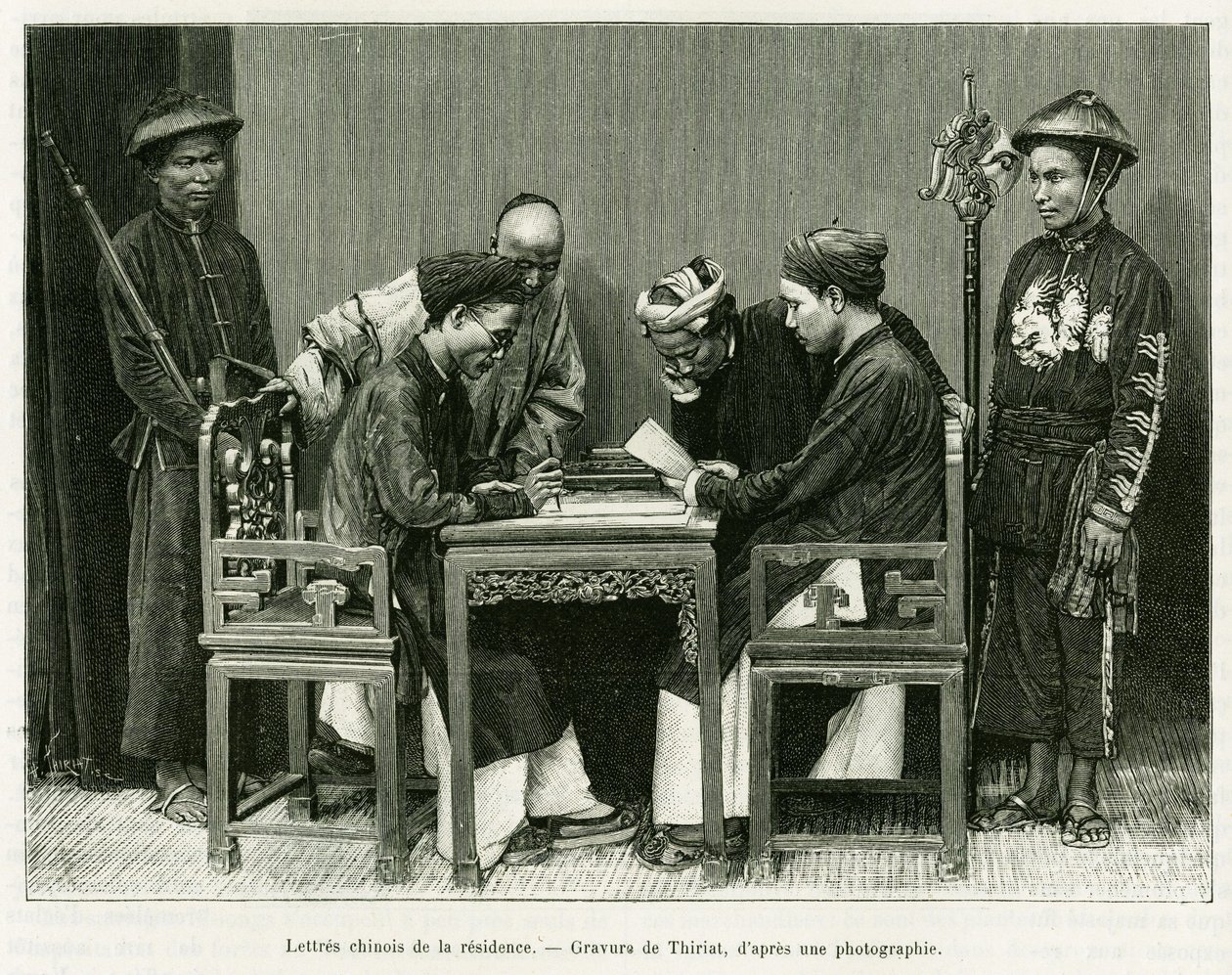 Cartas chinesas da residência francesa em Hanoi. Gravado por Thiriat, após uma fotografia, para ilustrar a história Trente mois au Tonkin em 1884, pelo Doutor Hocquard, em le tour du monde 1889, dirigido por Edouard Charton (1807-1890), Hachette, Paris. de Henri Thiriat