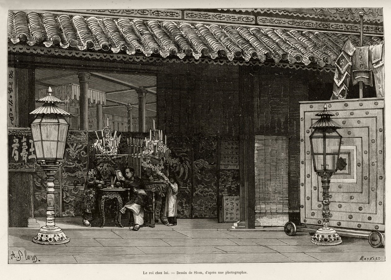Rei Dong Khanh (1864-1889) Imperador de Annam, casa na cidade imperial de Hue (Vietnã). Gravado por Thiriat, para ilustrar a história "Trente mois au Tonkin" do Dr. Charles Edouard Hocquard (1853-1911), em 1885, em Le tour du monde, nouveau journal de de Henri Thiriat