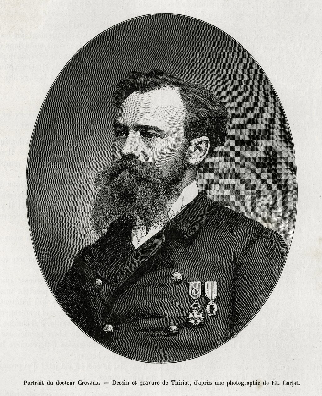 Retrato do Dr. Jules Nicolas Crevaux (1847-1882), médico e explorador da América do Sul (da Guiana Francesa à Argentina), interessou-se de perto pelo estudo da moral e da história das populações que conheceu durante as suas viagens, redia numerosos livros de Henri Thiriat