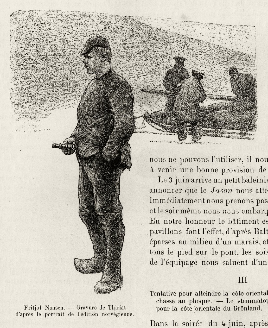Retrato de Fridtjof Nansen (1861-1930) explorador polar norueguês. Gravura de Thiriat, para ilustrar a história "La premiere traversee du Greenland" de Fridtjof Nansen (1861-1930), em 1888, em Le tour du monde, nouveau journal des voyages, editado por Edo de Henri Thiriat
