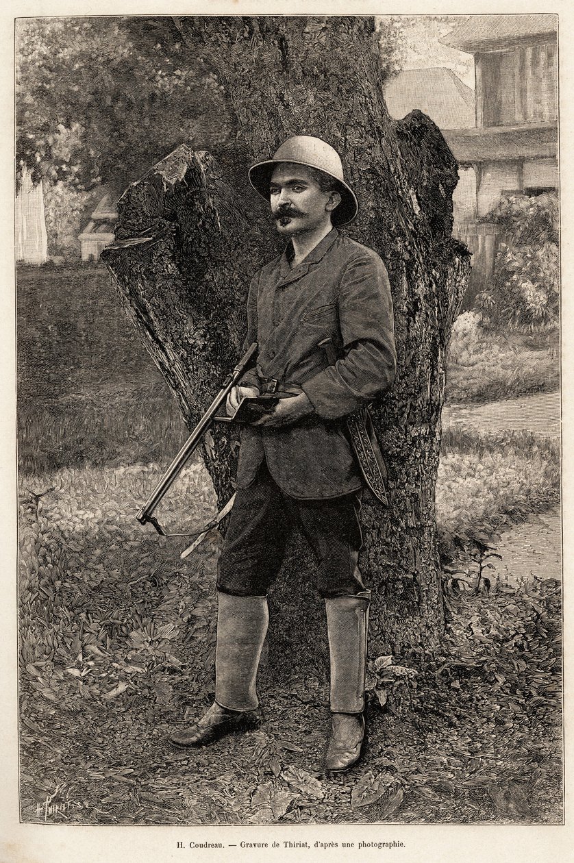 Retrato de Henri Coudreau (1859-1899), professor de geografia e explorador da Amazônia (Brasil). Gravura de Thiriat para ilustrar a história "chez nos indiens, quatre annees de voyage dans la Guiane francaise". de Henri Thiriat