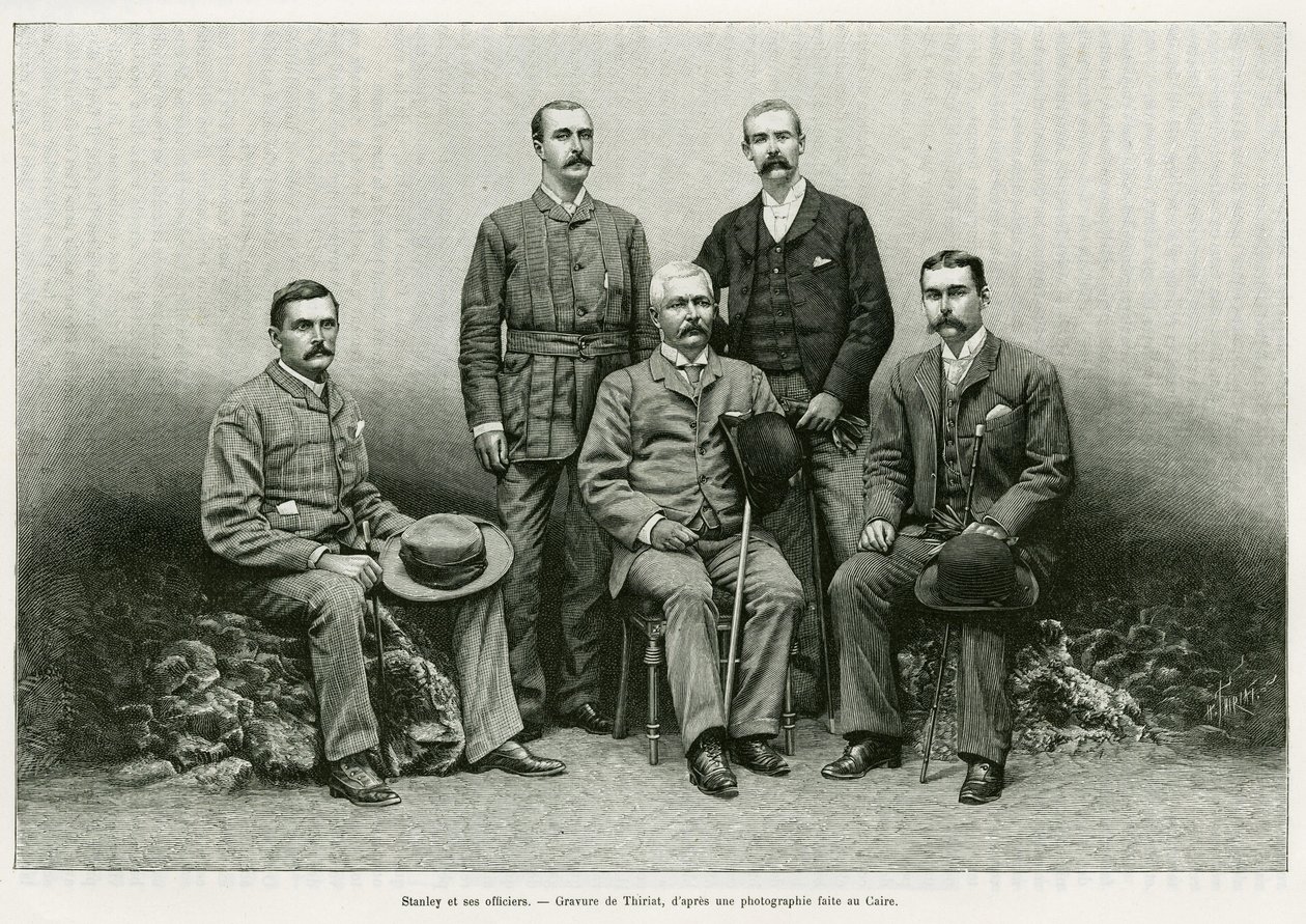 Retrato de Henry Morton Stanley (John Rowlands 1841-1904) rodeia os seus oficiais da esquerda: Dr. Thomas Heazle Parke (1857-93), Robert H. Nelson, William G. Stairs, e Arthur J. M. Jephson. Gravado por Thiriat, para ilustrar a história Dans les tenebr de Henri Thiriat