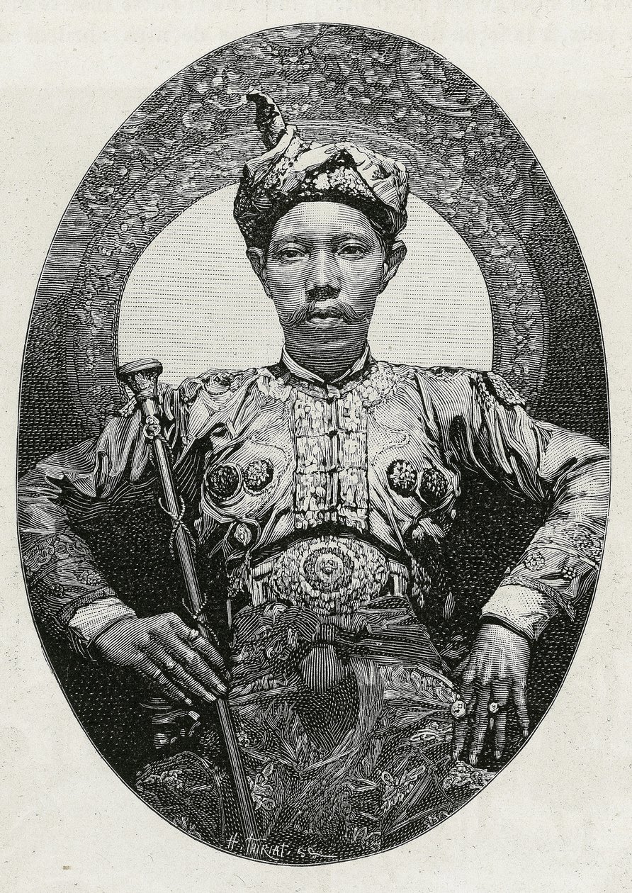 Retrato de Mohammed Yamalul Alam, sultão de Soulou (ou Sulu) (Filipinas), em 1880. Gravura de Thiriat, para ilustrar a história "Journey to the Philippines". de Henri Thiriat