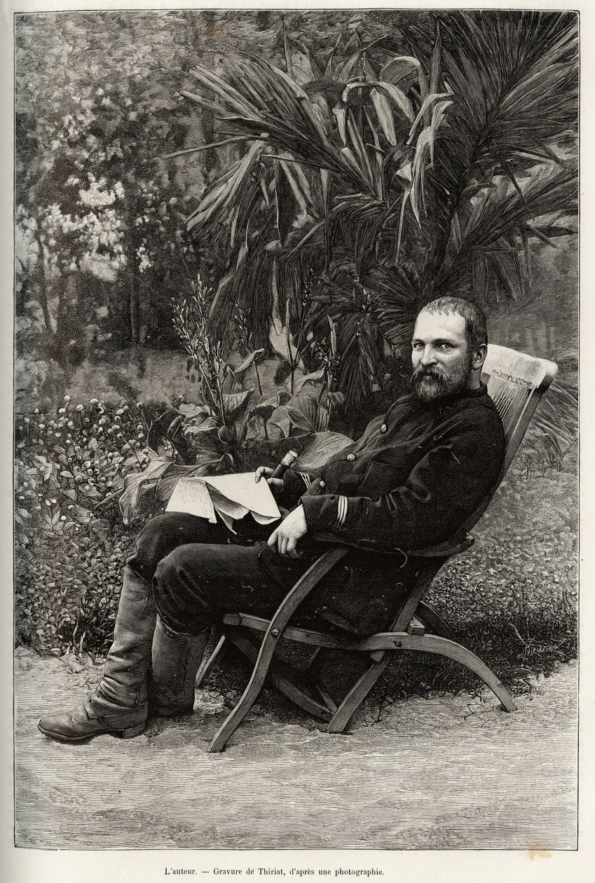 Retrato do autor Dr. Charles Edouard Hocquard (1853-1911), médico major de 1ª classe. Gravura de Thiriat, para ilustrar a história "Trente mois au Tonkin" do Dr. Charles Edouard Hocquard (1853-1911), em 1885, em Le tour du monde, nouveau journal de Henri Thiriat
