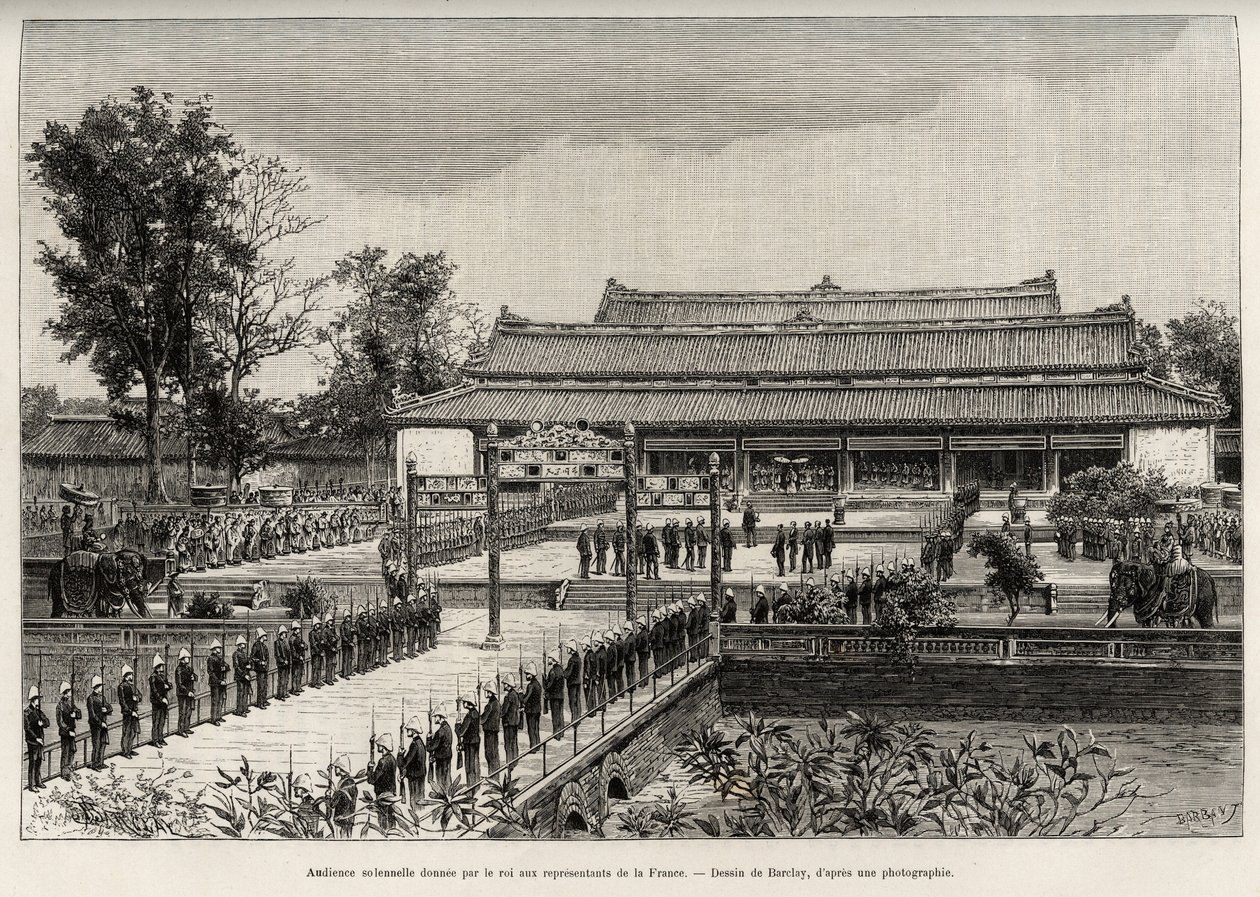Audiência solene dada pelo Rei Dong Khanh (1864-1889) Imperador de Annam aos representantes da França na cidade imperial de Hue (Vietname). Gravação de Thiriat, para ilustrar a história "Trente mois au Tonkin" do Dr. Charles Edouard Hocquard (1853-191 de Henri Thiriat