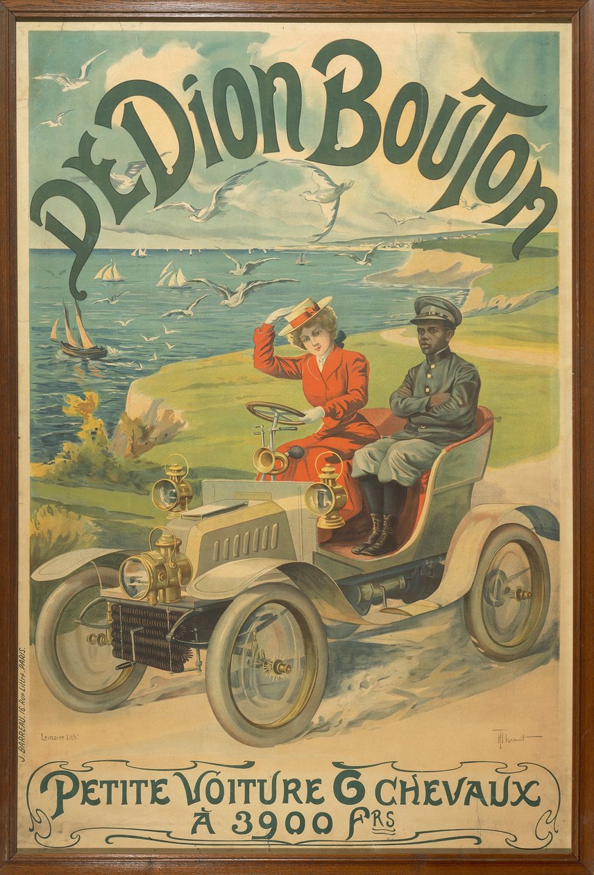 Anúncio para carros De Dion Bouton retratando La Belle Otero ao volante e Michel Zelete, manobrista do marquês de Dijon ao lado dela de Henri Thiriet