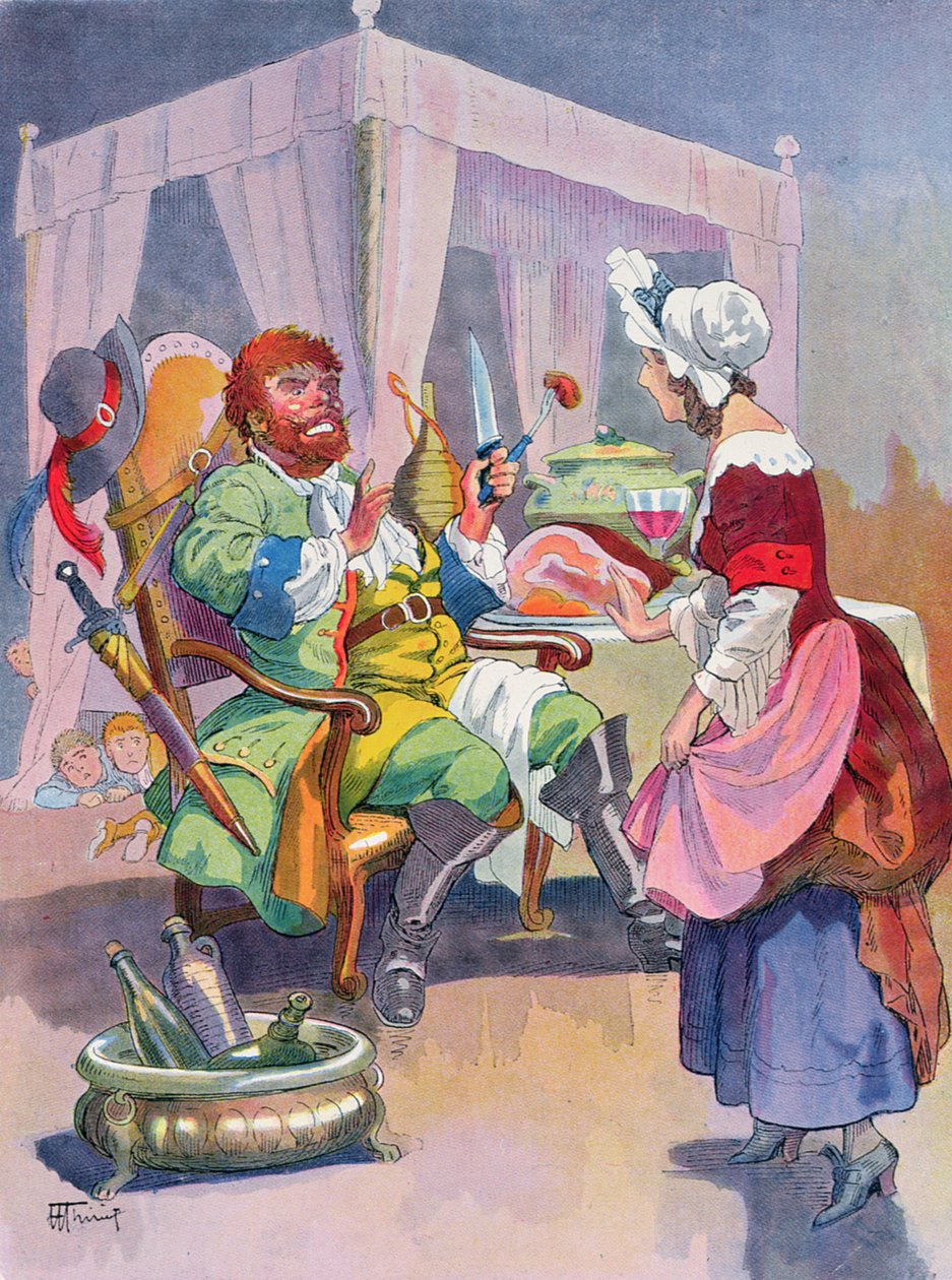 O Ogre cheira a carne humana fresca, ilustração de um conto de fadas Perrault 