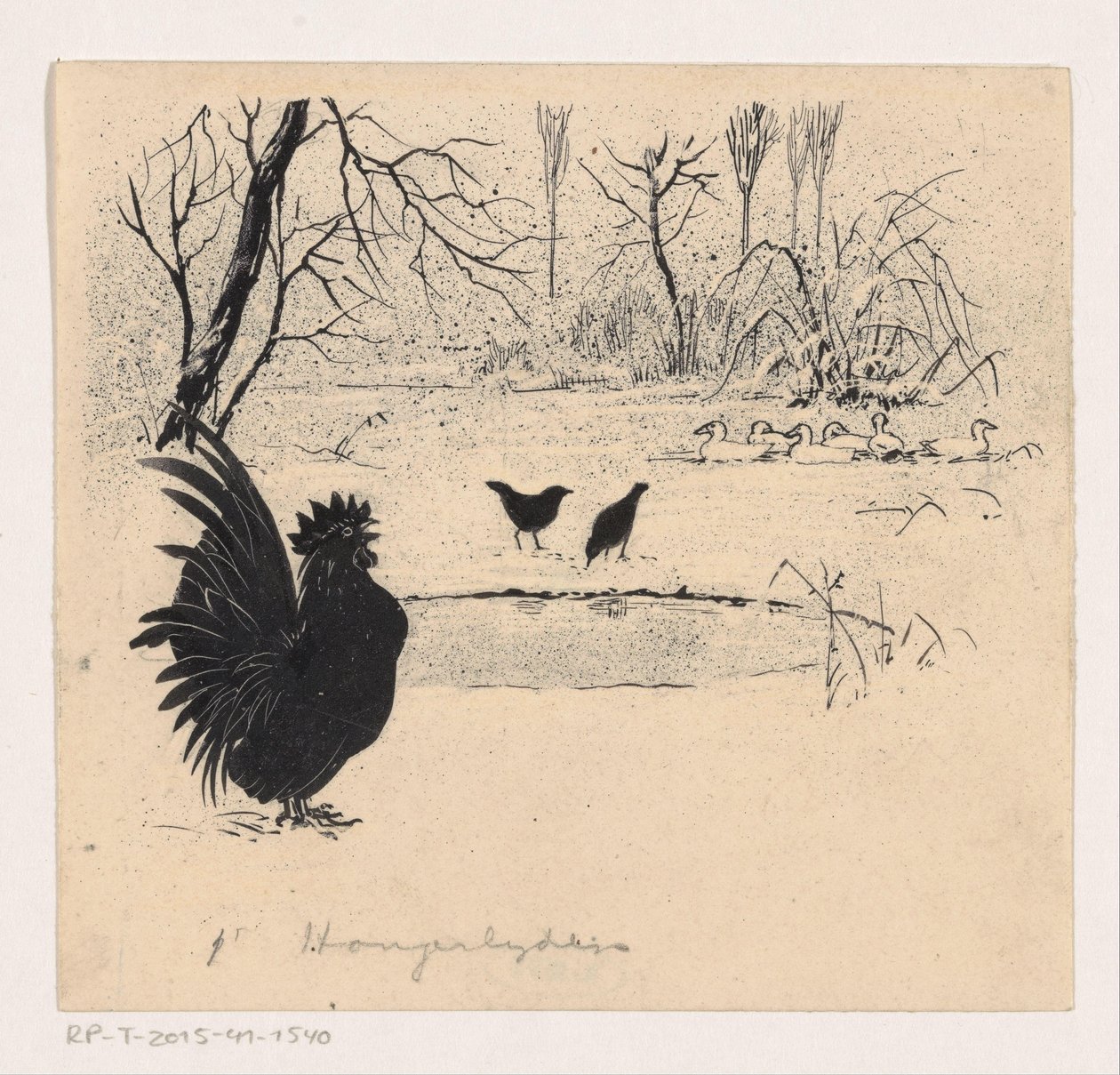 Patos, pássaros e galo por uma poça congelada de Henri Verstijnen